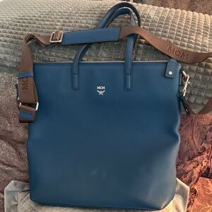 MCM XL Saffiano Blue Leather Tote Bag